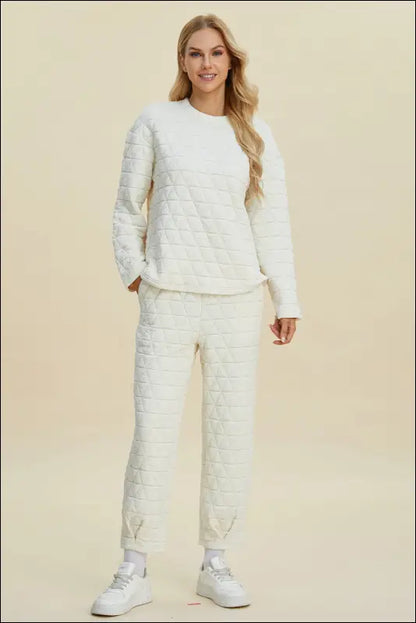 Double Take Full Size Texture Round Neck Long Sleeve Top and Pants Set - Beige / S