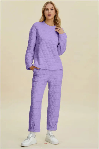 Double Take Full Size Texture Round Neck Long Sleeve Top and Pants Set - Lavender / S