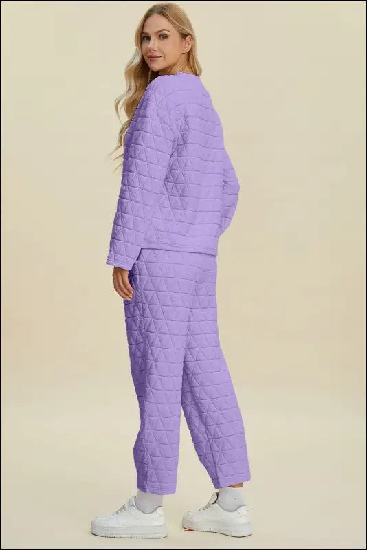 Double Take Full Size Texture Round Neck Long Sleeve Top and Pants Set