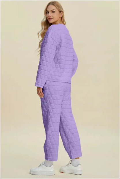 Double Take Full Size Texture Round Neck Long Sleeve Top and Pants Set
