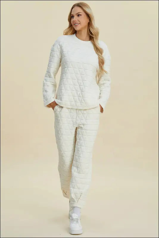 Double Take Full Size Texture Round Neck Long Sleeve Top and Pants Set