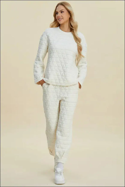 Double Take Full Size Texture Round Neck Long Sleeve Top and Pants Set