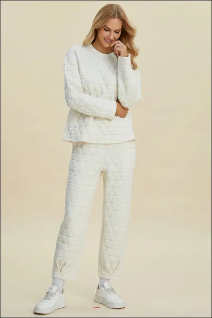 Double Take Full Size Texture Round Neck Long Sleeve Top and Pants Set
