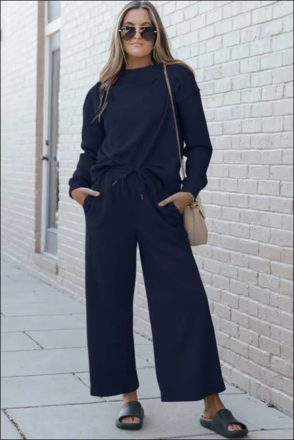 Double Take Full Size Textured Long Sleeve Top and Drawstring Pants Set - Dark Blue / S