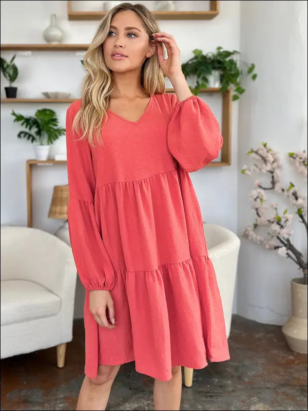 Double Take Full Size V-Neck Balloon Sleeve Tiered Dress with Pockets