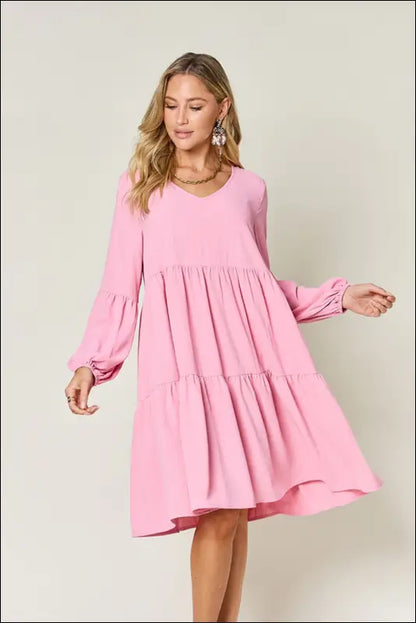 Double Take Full Size V-Neck Balloon Sleeve Tiered Dress with Pockets