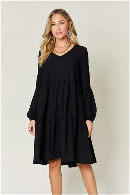 Double Take Full Size V-Neck Balloon Sleeve Tiered Dress with Pockets - Black / S