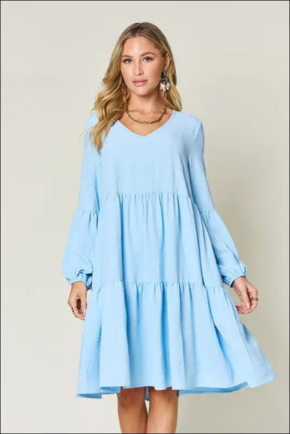 Double Take Full Size V-Neck Balloon Sleeve Tiered Dress with Pockets - Light Blue / S