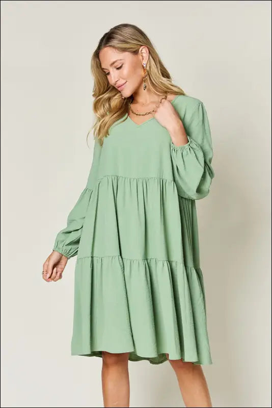 Double Take Full Size V-Neck Balloon Sleeve Tiered Dress with Pockets - Light Green / S