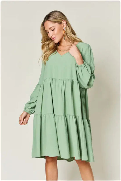 Double Take Full Size V-Neck Balloon Sleeve Tiered Dress with Pockets - Light Green / S