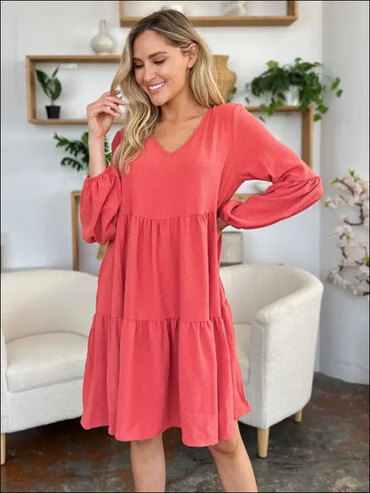 Double Take Full Size V-Neck Balloon Sleeve Tiered Dress with Pockets
