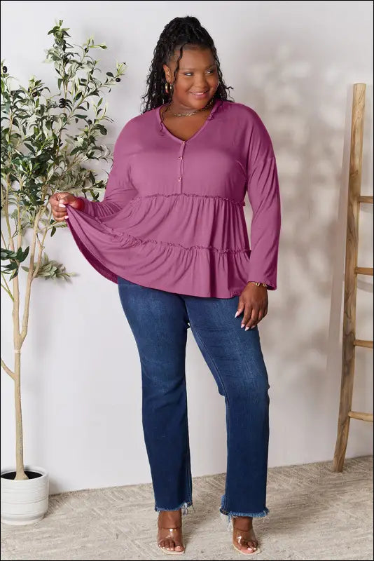 Double Take Half Button Long Sleeve Ruffle Hem Blouse