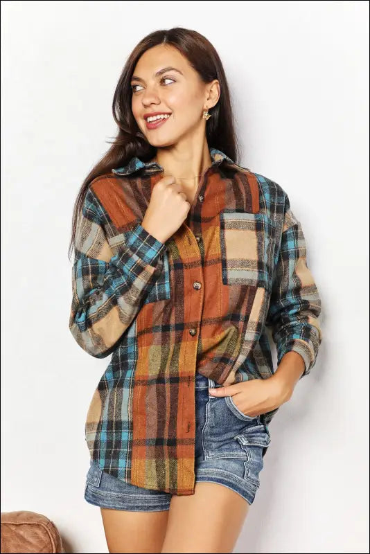 Double Take Plaid Curved Hem Shirt Jacket with Breast Pockets - S