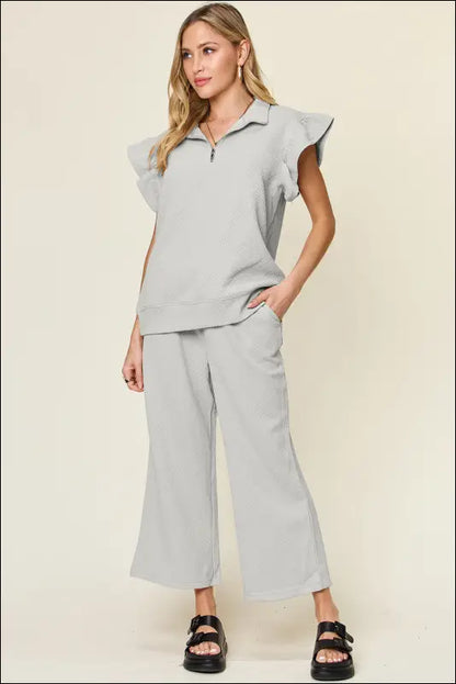 Double Take Texture Ruffle Short Sleeve Top and Drawstring Wide Leg Pants Set - Light Gray / S