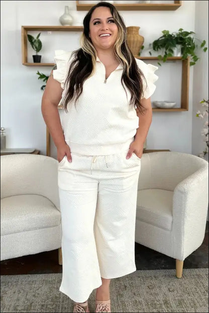 Double Take Texture Ruffle Short Sleeve Top and Drawstring Wide Leg Pants Set