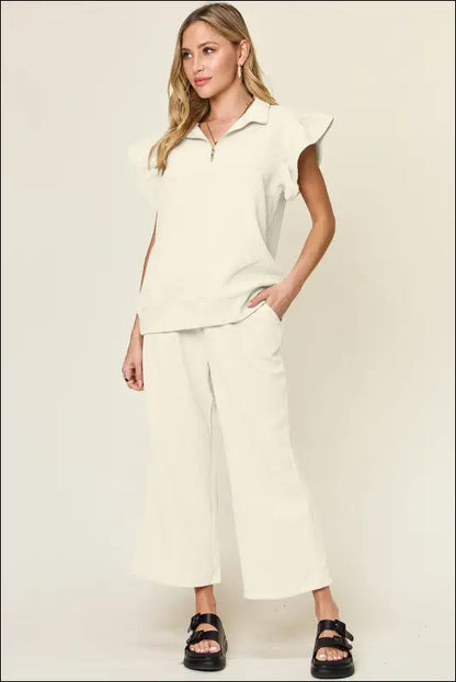 Double Take Texture Ruffle Short Sleeve Top and Drawstring Wide Leg Pants Set - Cream / S