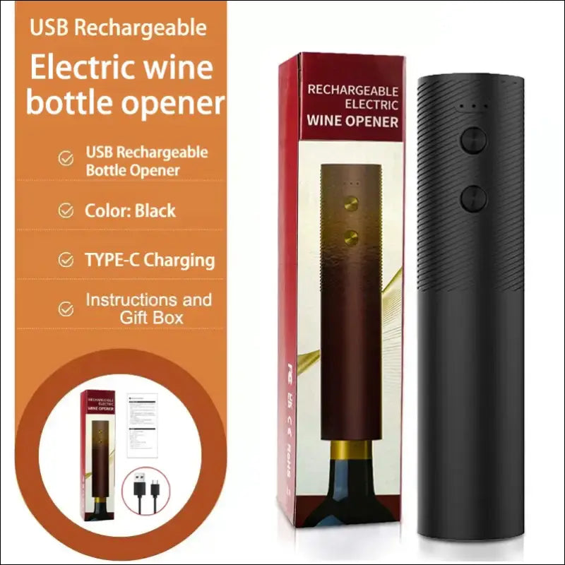 Electric Wine Bottle Opener – Rechargeable Automatic Corkscrew for Red One-Click Button Tool - Blcak