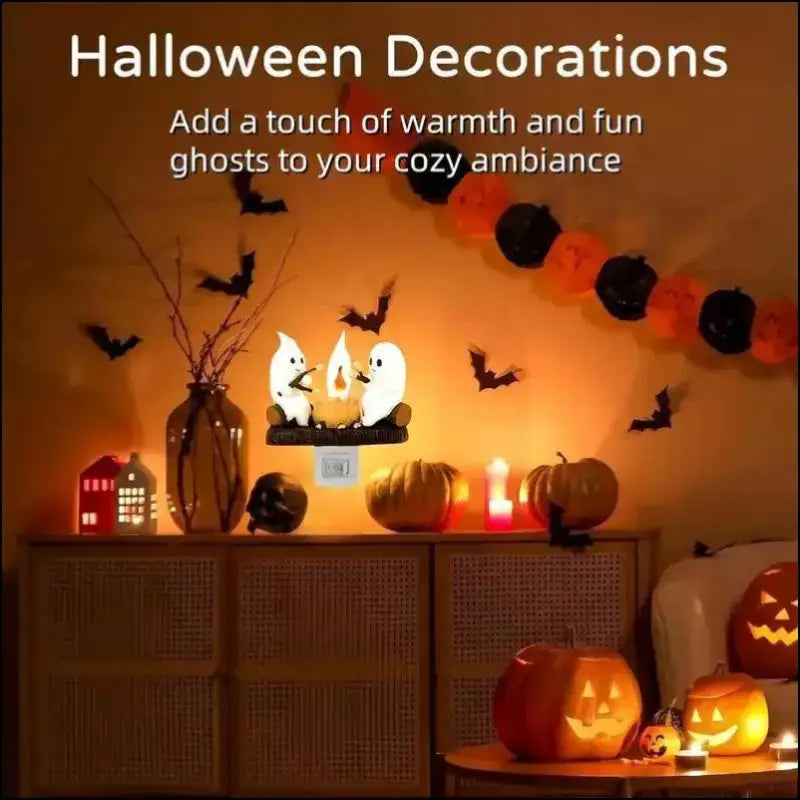 Fashionable Ghost Campfire Nightlight | Flickering Plug-In Halloween Pumpkin Night Light for Spooky Decor