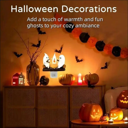Fashionable Ghost Campfire Nightlight | Flickering Plug-In Halloween Pumpkin Night Light for Spooky Decor