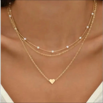 FTCY 3pcs Women’s Pearl Necklace Set - 14K Gold Love Heart Pendant Waterproof Hypoallergenic Collarbone Neck Chain