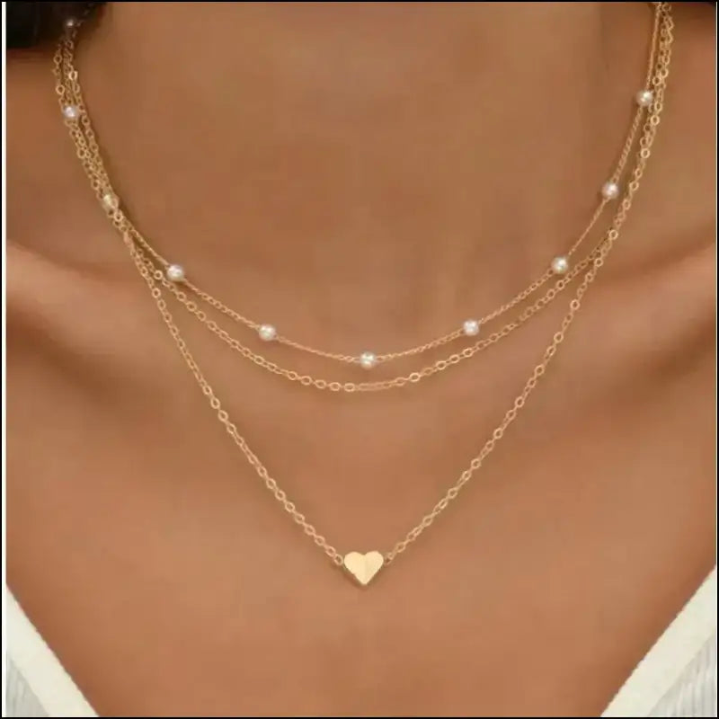 FTCY 3pcs Women’s Pearl Necklace Set - 14K Gold Love Heart Pendant Waterproof Hypoallergenic Collarbone Neck Chain