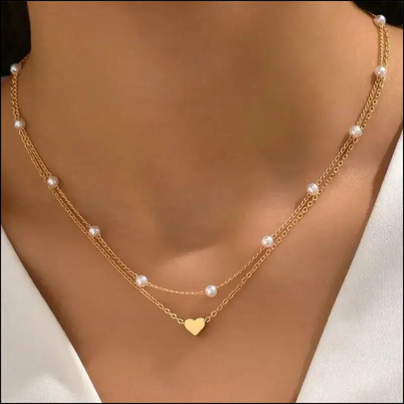 FTCY 3pcs Women’s Pearl Necklace Set - 14K Gold Love Heart Pendant Waterproof Hypoallergenic Collarbone Neck Chain
