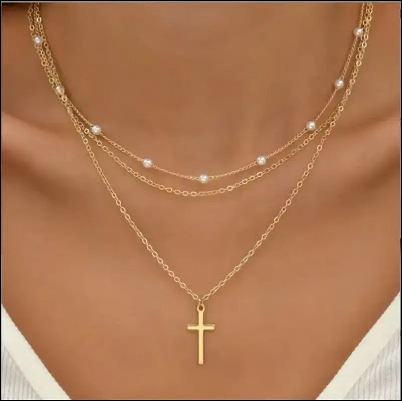 FTCY 3pcs Women’s Pearl Necklace Set - 14K Gold Love Heart Pendant Waterproof Hypoallergenic Collarbone Neck Chain