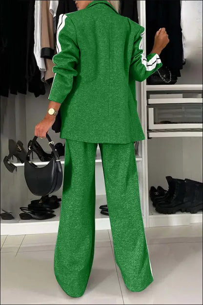 Full Size Contrast Lapel Collar Top and Pants Set
