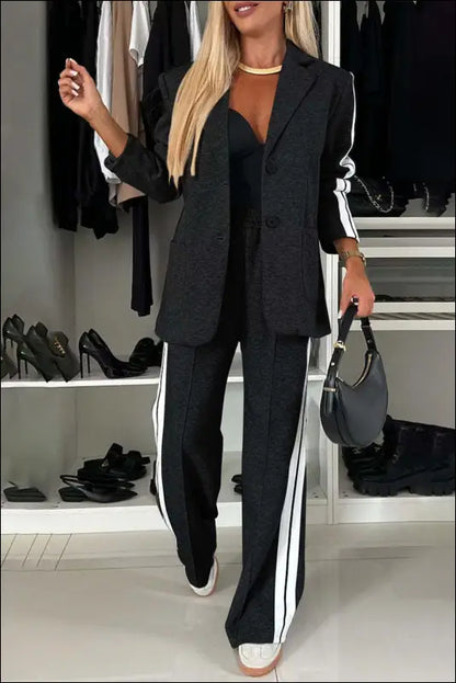 Full Size Contrast Lapel Collar Top and Pants Set - Black / S