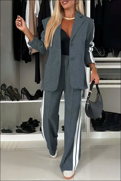 Full Size Contrast Lapel Collar Top and Pants Set - French Blue / S