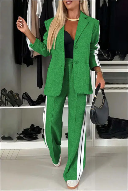 Full Size Contrast Lapel Collar Top and Pants Set - Green / S