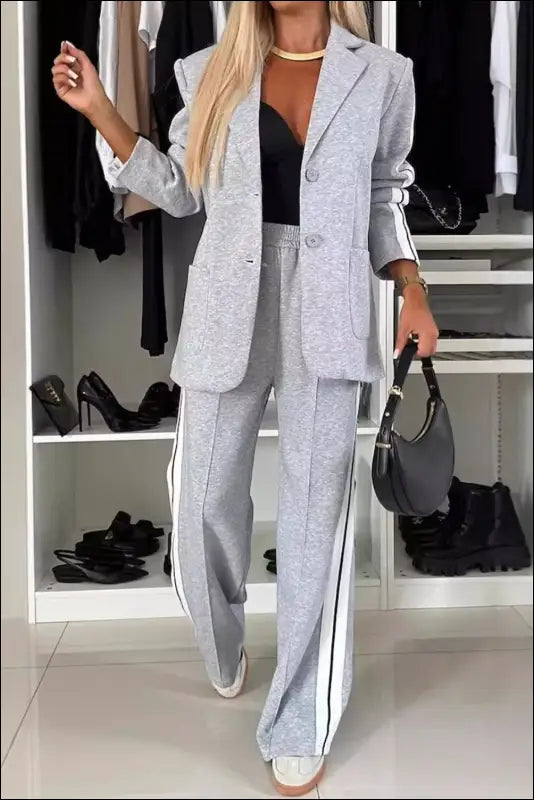Full Size Contrast Lapel Collar Top and Pants Set - Light Gray / S