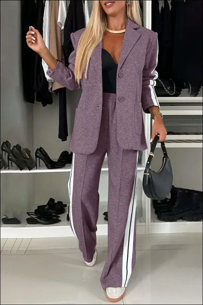 Full Size Contrast Lapel Collar Top and Pants Set - Mauve / S