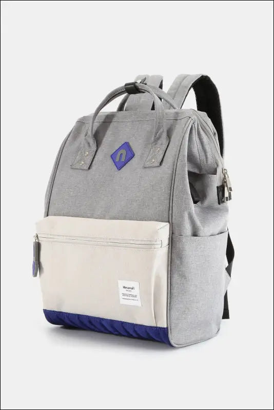 Himawari Contrast Waterproof Backpack Bag with External USB Port - Grey/Ivory / One Size - Water and Scratch-Resistant