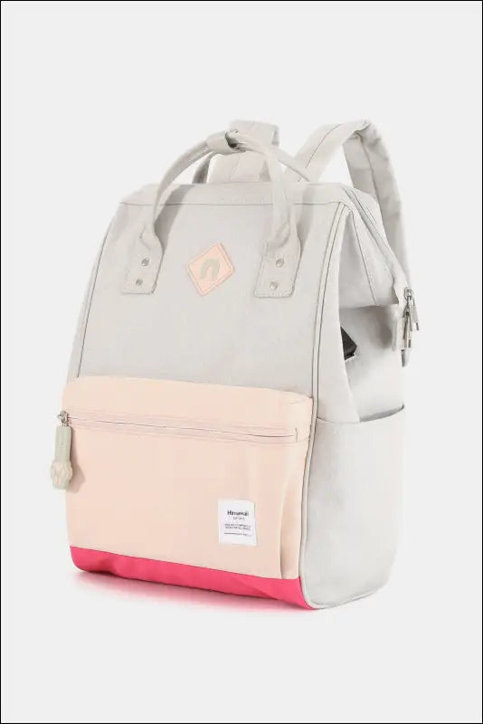 Himawari Contrast Waterproof Backpack Bag with External USB Port - Light Grey/Pink / One Size - Water