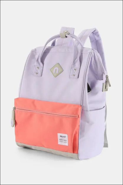 Himawari Contrast Waterproof Backpack Bag with External USB Port - Lavender/Coral / One Size - Water