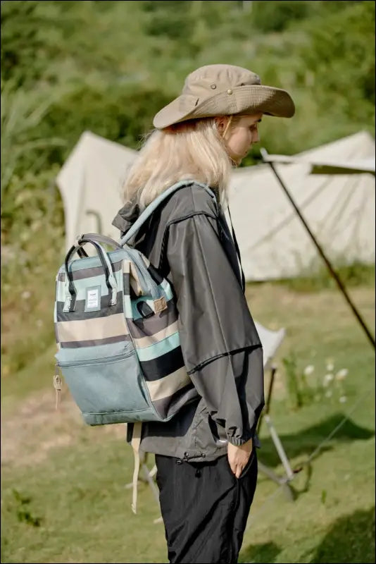 Himawari Striped Waterproof Nylon Backpack Bag with Side Pockets - Sage / One Size - Contrast Water
