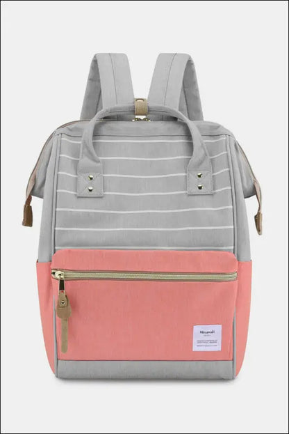 Himawari Waterproof Canvas Backpack Bag with Side Pockets - Grey/Pink/Stripe / One Size - Contrast Water