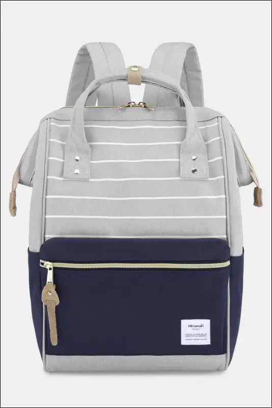 Himawari Waterproof Canvas Backpack Bag with Side Pockets - Grey/Navy/Stripe / One Size - Contrast Water
