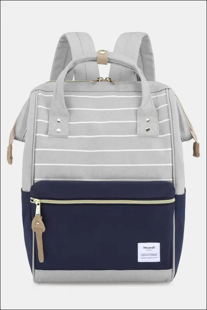 Himawari Waterproof Canvas Backpack Bag with Side Pockets - Grey/Navy/Stripe / One Size - Contrast Water