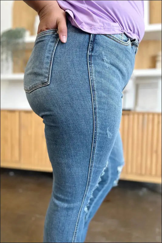 Judy Blue Full Size Distressed Raw Hem Bootcut Jeans - Medium / 15(32)