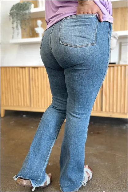 Judy Blue Full Size Distressed Raw Hem Bootcut Jeans - Medium / 15(32)