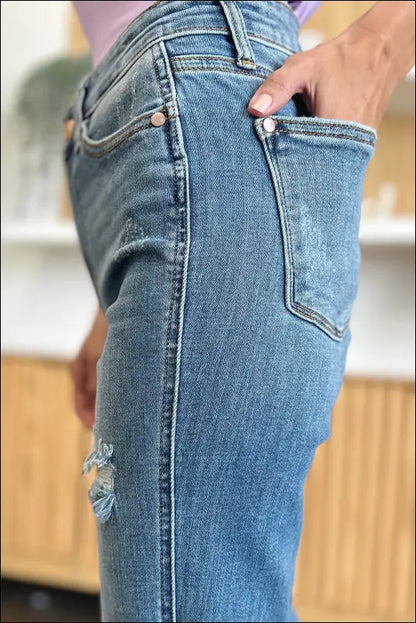 Judy Blue Full Size Distressed Raw Hem Bootcut Jeans - Medium / 15(32)