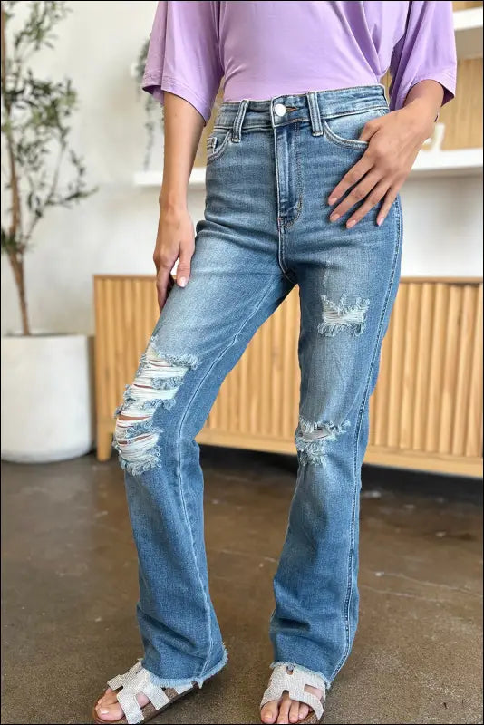 Judy Blue Full Size Distressed Raw Hem Bootcut Jeans - Medium / 15(32)