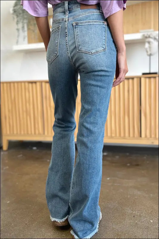 Judy Blue Full Size Distressed Raw Hem Bootcut Jeans - Medium / 15(32)