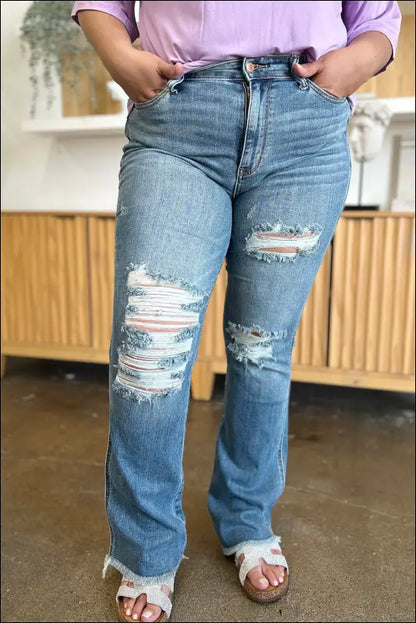 Judy Blue Full Size Distressed Raw Hem Bootcut Jeans - Medium / 15(32)