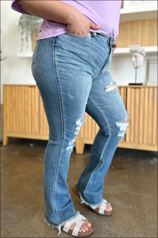 Judy Blue Full Size Distressed Raw Hem Bootcut Jeans - Medium / 15(32)