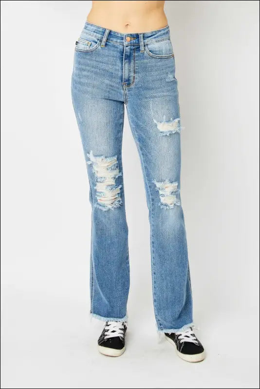 Judy Blue Full Size Distressed Raw Hem Bootcut Jeans - Medium / 15(32)