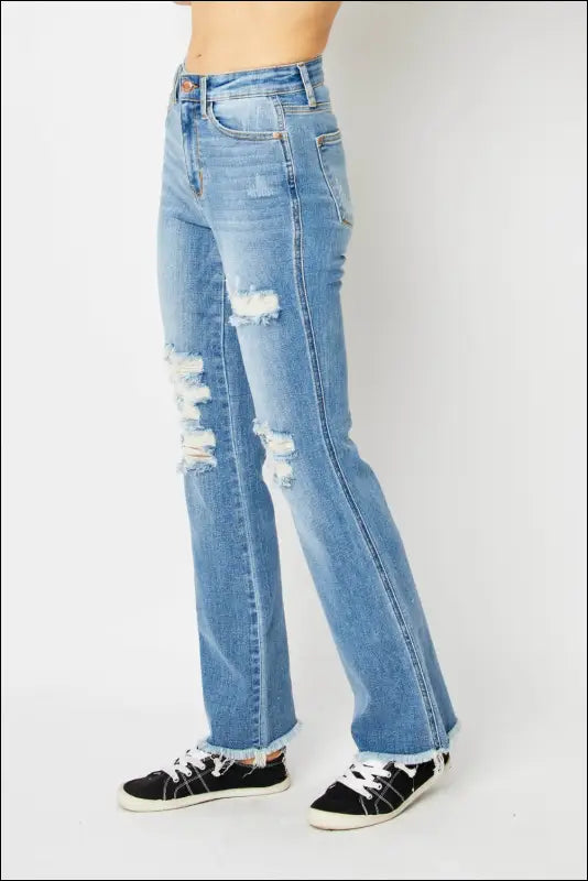 Judy Blue Full Size Distressed Raw Hem Bootcut Jeans - Medium / 15(32)