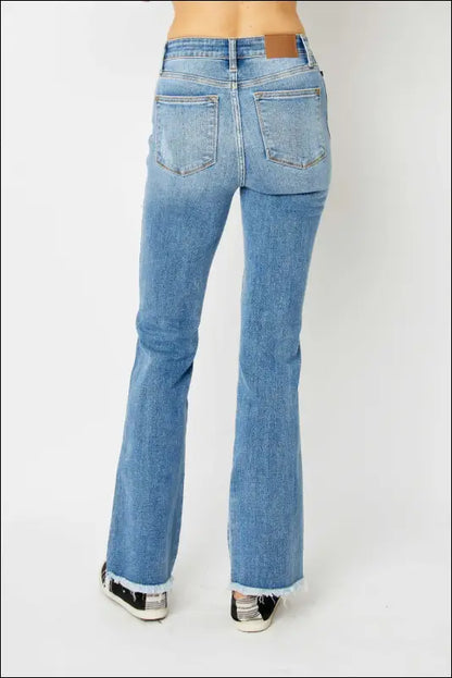 Judy Blue Full Size Distressed Raw Hem Bootcut Jeans - Medium / 15(32)
